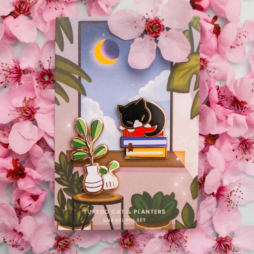 Tuxedo Cat and Planters‎ Enamel Pin Set - Set of Two Pins - Nature Jewelry